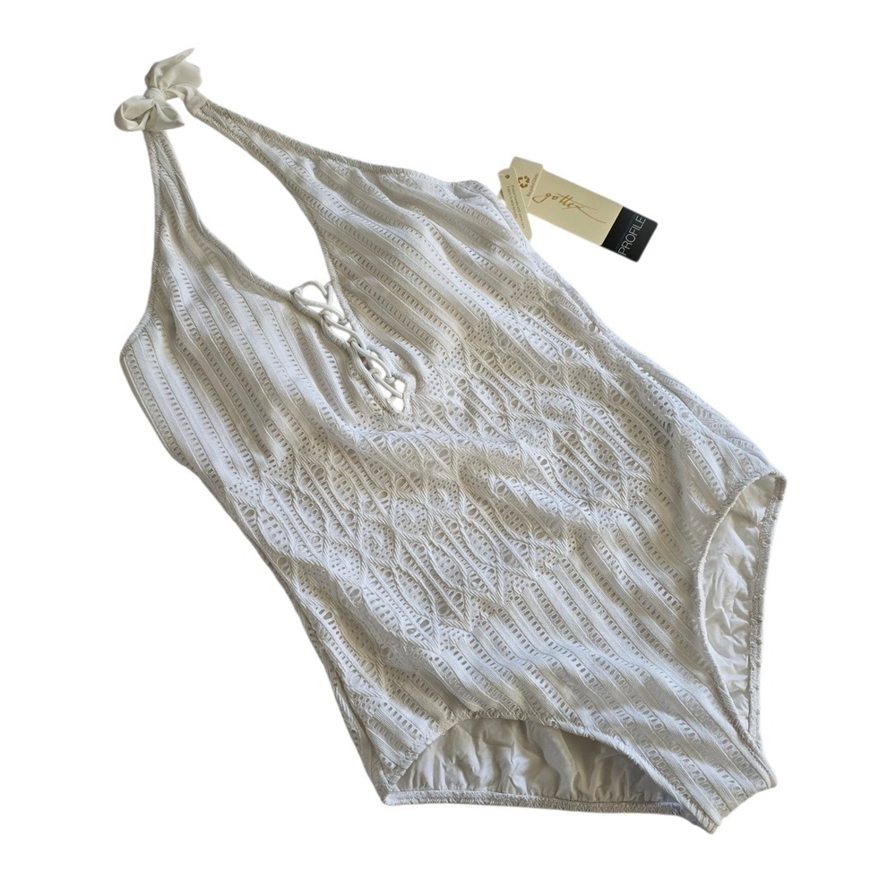 Profile by Gottex NWT Lace One Piece Swimsuit Women's Size 12 White Lace Up $154